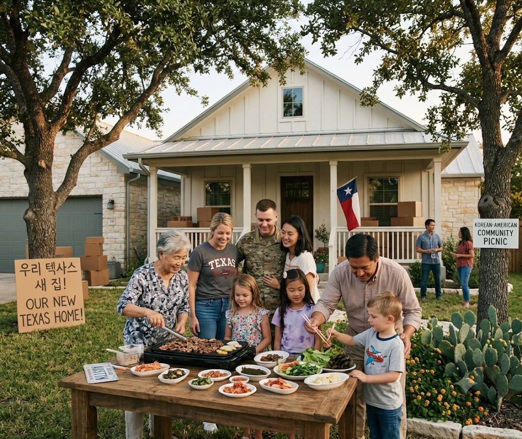 Korean American family in front of new home near Fort Hood