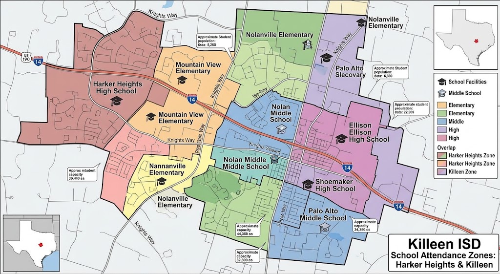 Map of Harker Heights and Killeen school zones within Killeen ISD