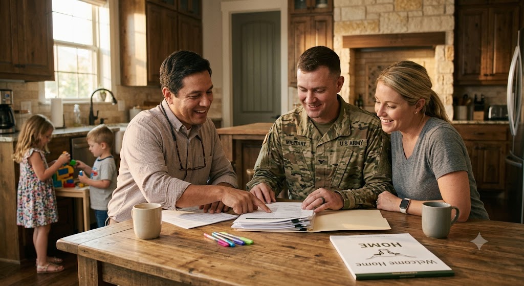 Military family reviewing VA loan paperwork with realtor