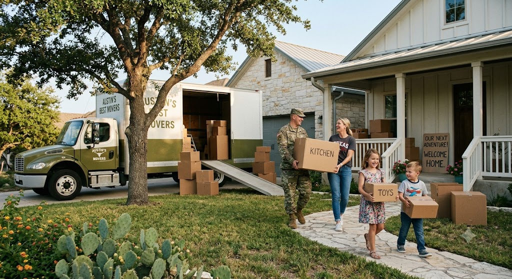Military family unpacking moving boxes after Fort Hood PCS move