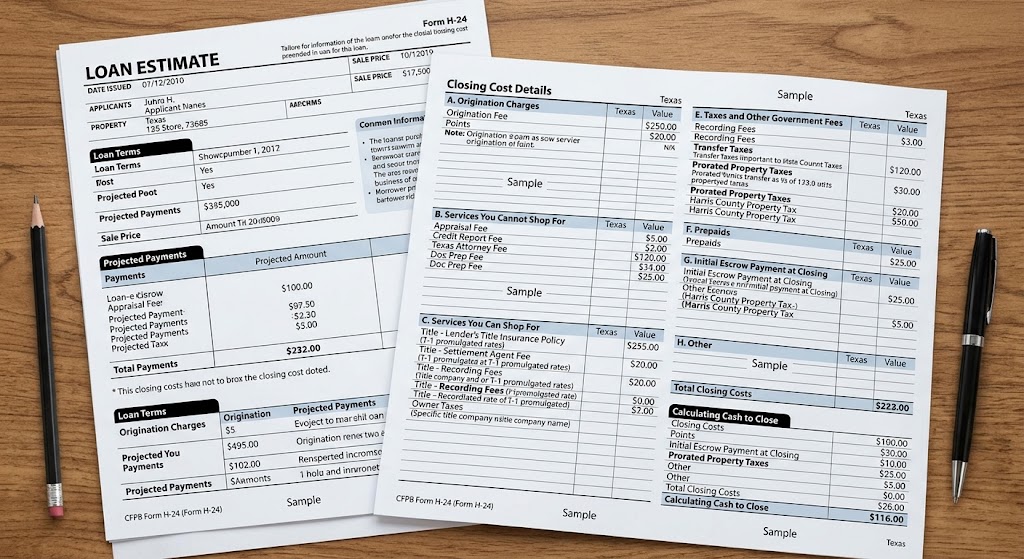 Sample loan estimate showing Texas closing costs