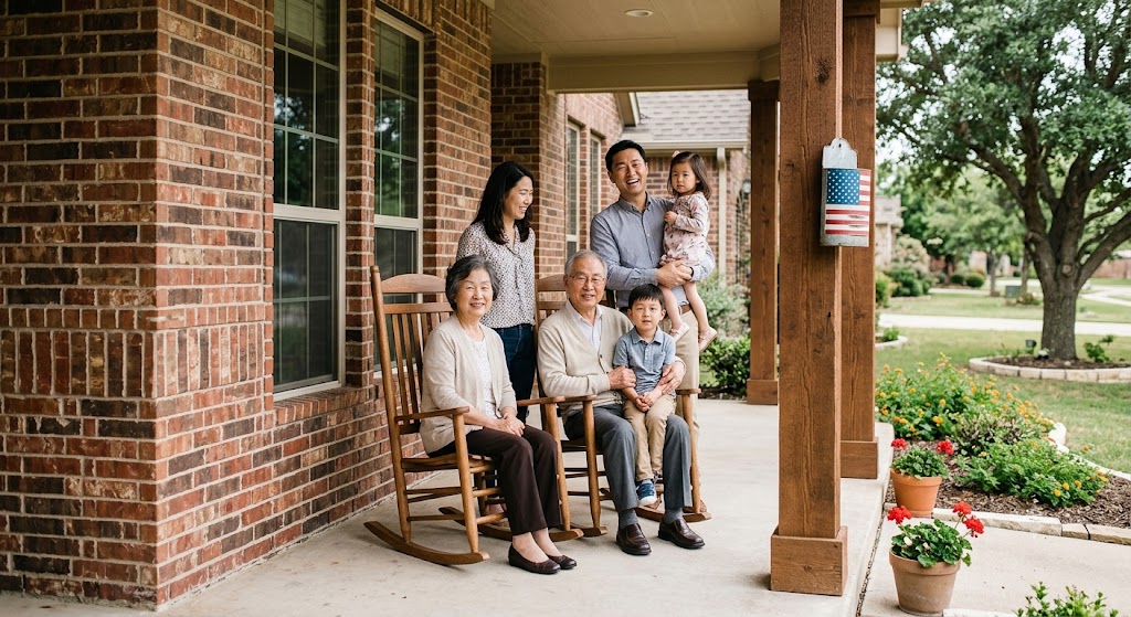 a multigenerational Korean family on the porch of a Texas brick home